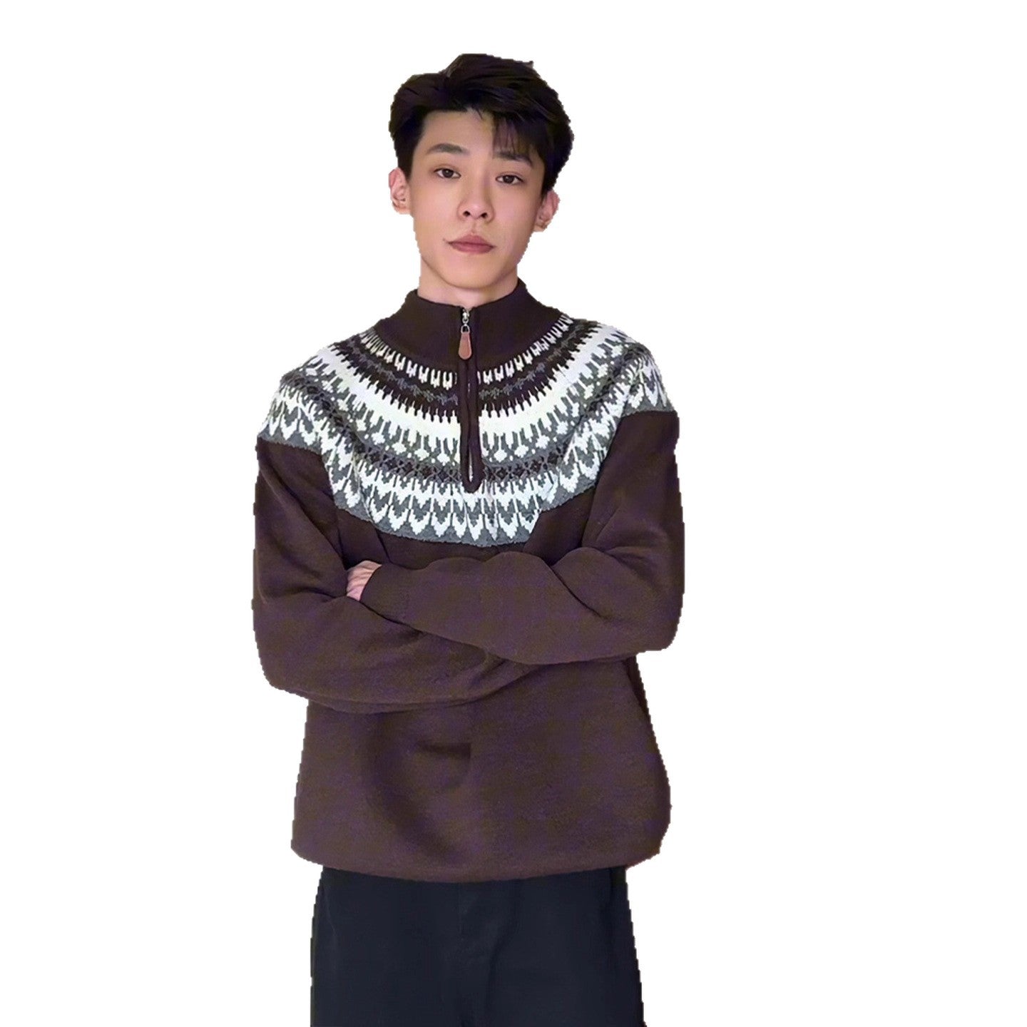 Retro Ethnic Fair Isle Semi-High Neck Knit Sweater