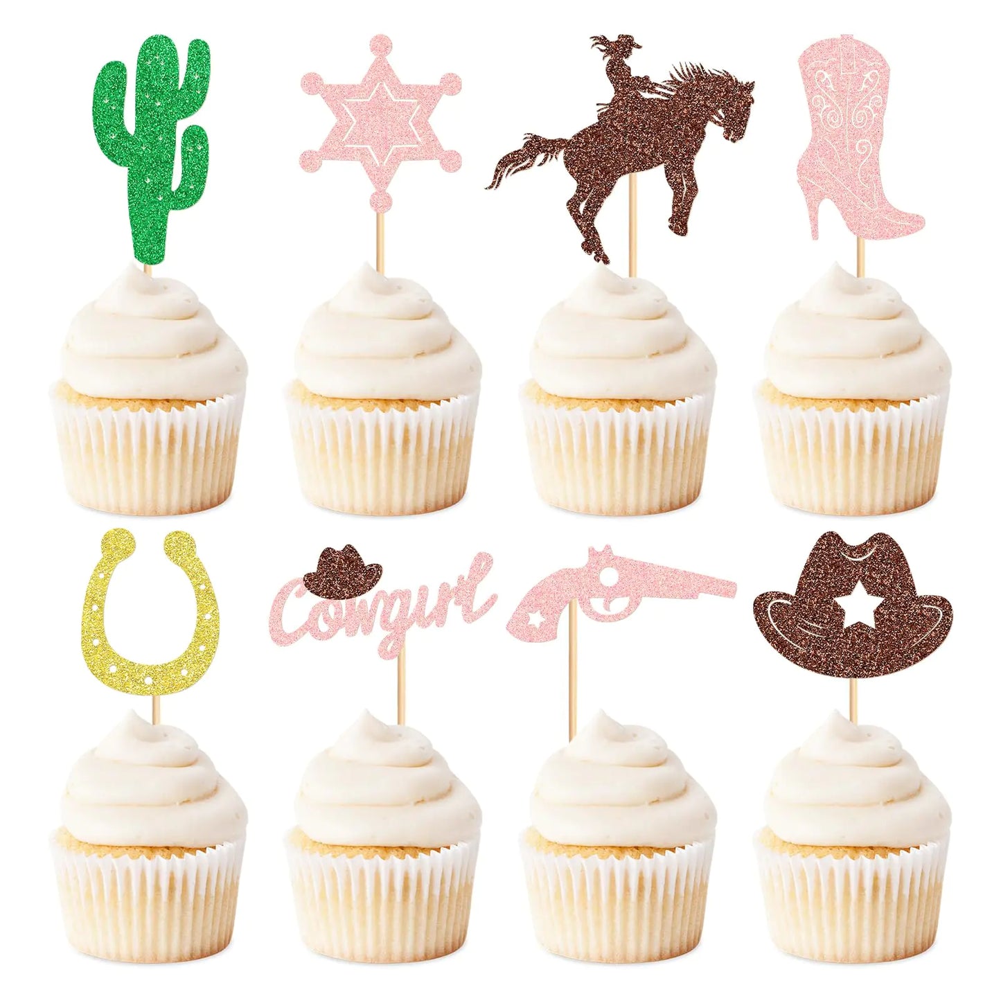 Keaziu 32 Pack Cowgirl Cupcake Toppers Riding HorseShoe Cowboy Hats Western Theme Happy Birthday Baby Shower Party Cake Decorations Supplies Pink 2