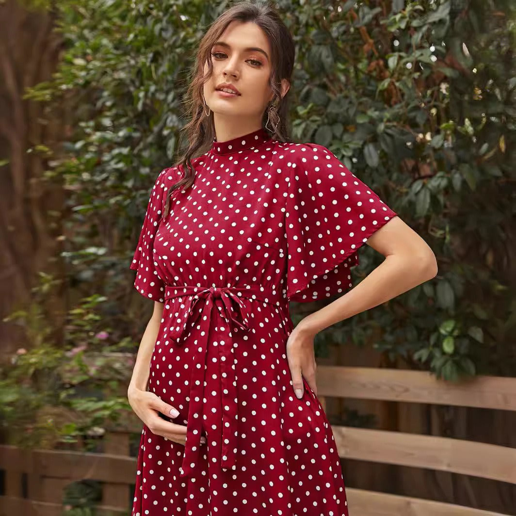 open lace back dress Fashionable and comfortable short sleeved polka dot chiffon maternity –  HIPPIE-NOELLE