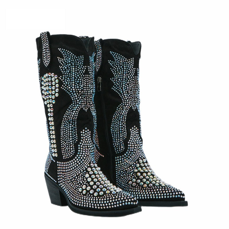 Fall Winter Women Crystal Embellished Cowboy Boots