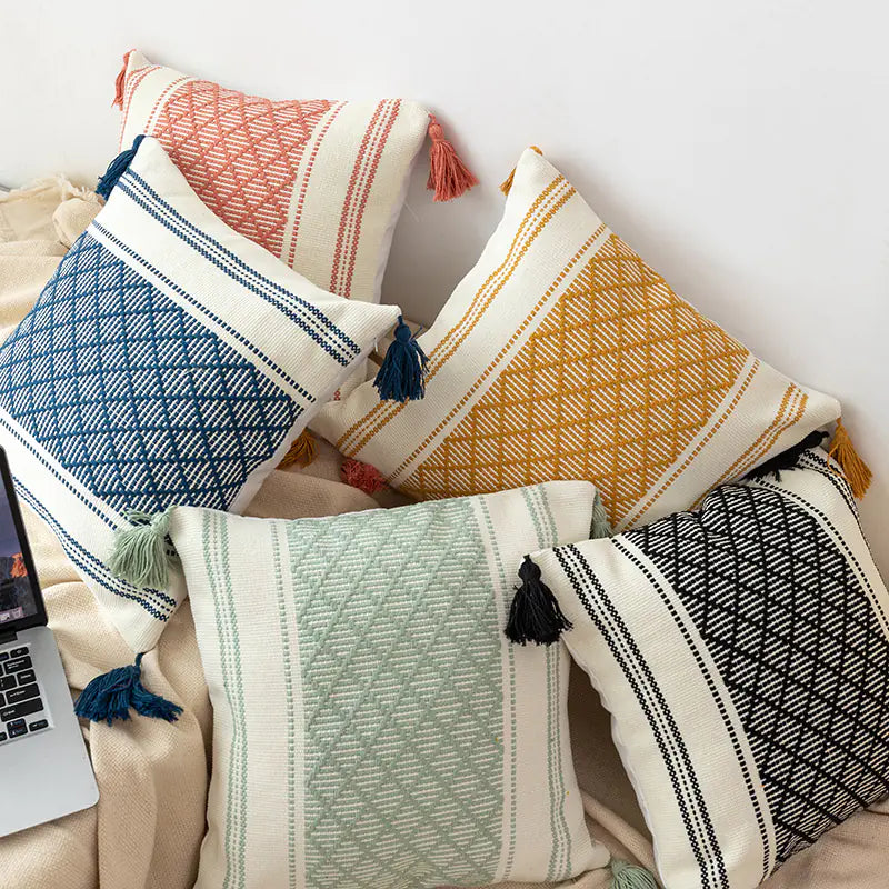 Bohemian Blue & Black Tasseled Pillow Cover