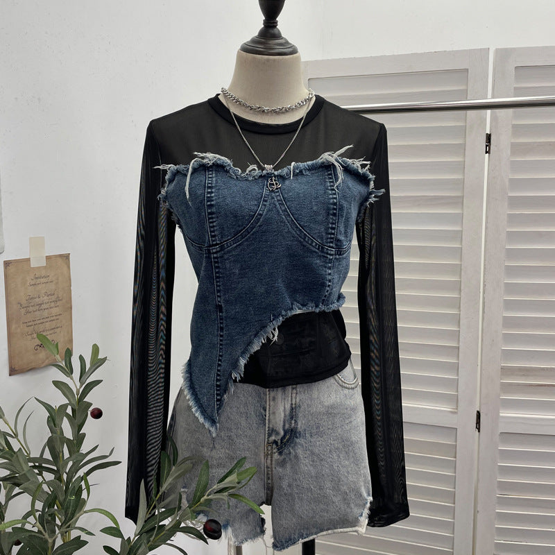 Cowboy patchwork long sleeved mesh T-shirt for women