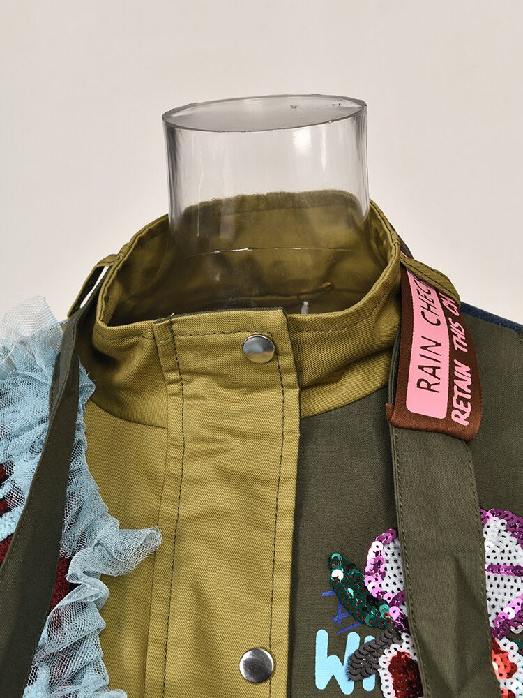 Street Style Embroidery Lace Spliced Contrast Colour Irregular Jackets