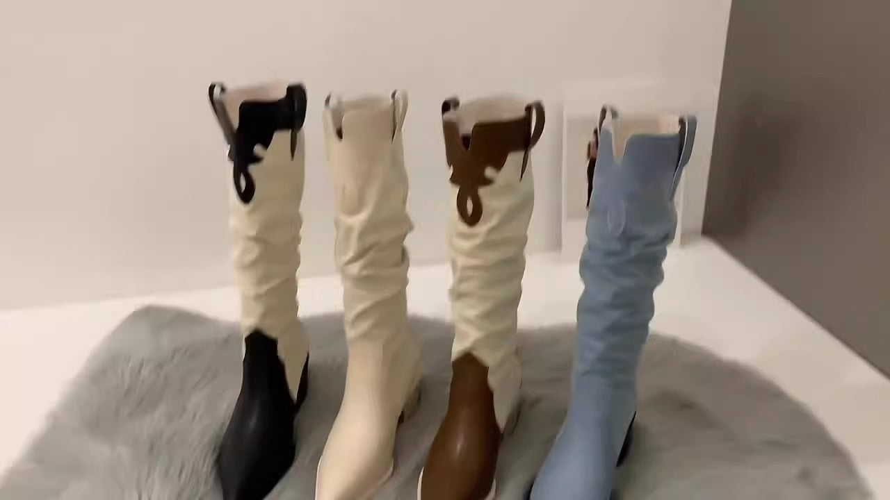 Western Cowboy Women's High Boots Low Heel Ladies Pointed Toe Knee High Boots Shoes Winter High Quality Suede Shoes