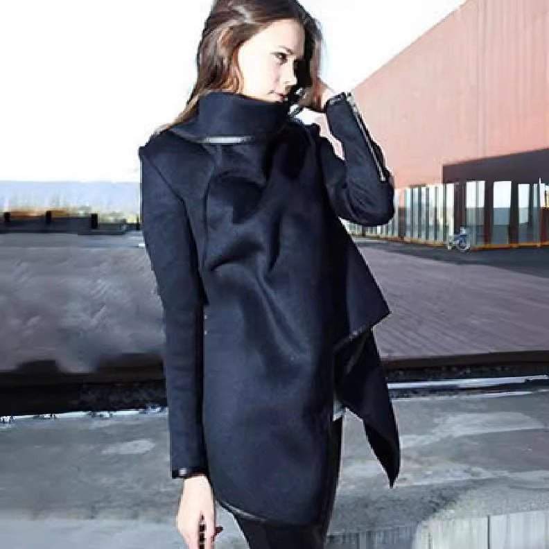 Fashion Asymmetric Solid Colour Split-Joint High-Neck Jacket