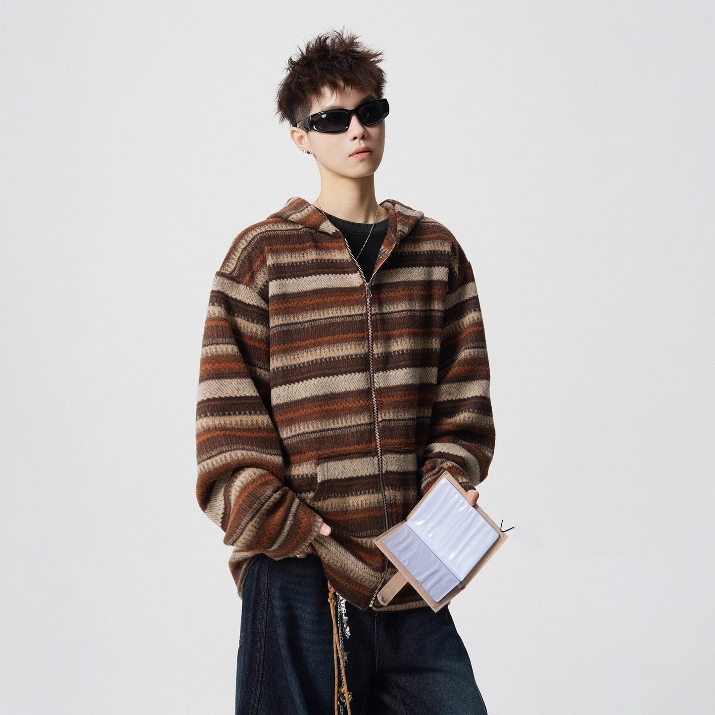 Brown Vintage Stripe Spliced Hoodie Unisex