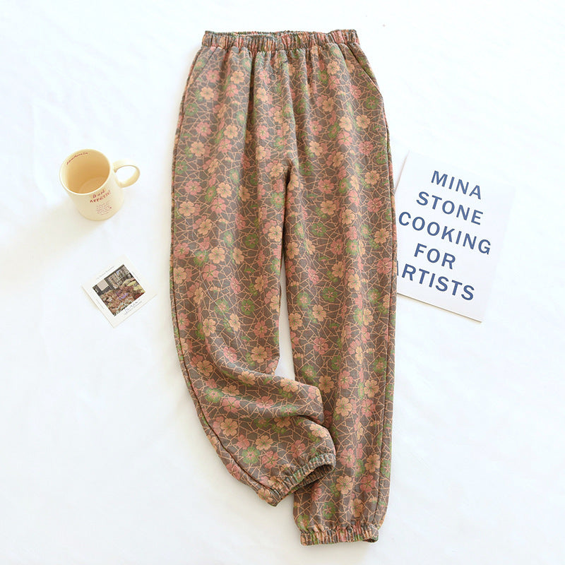 Spring and Summer Pure Cotton Gauze Home Fur Retro Floral Pants