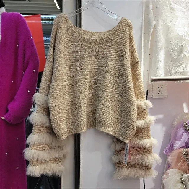 Vintage Faux Fur Patchwork Loose O-neck Thick Warm Pullover