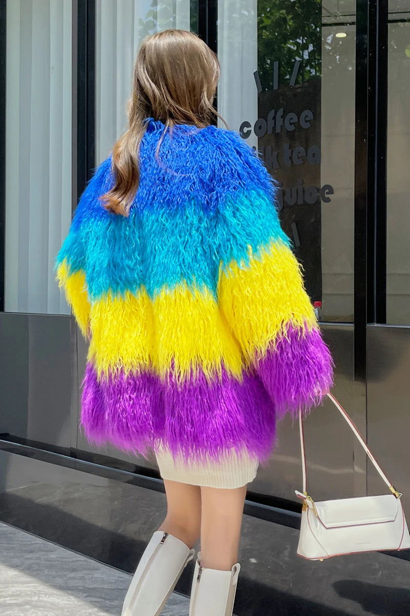 Women's Imitation Fur Stitching Contrast Colour Jacket