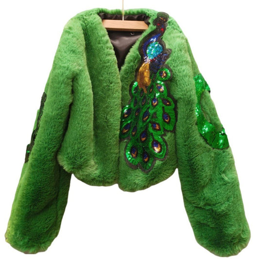 Winter peacock green fur coat women