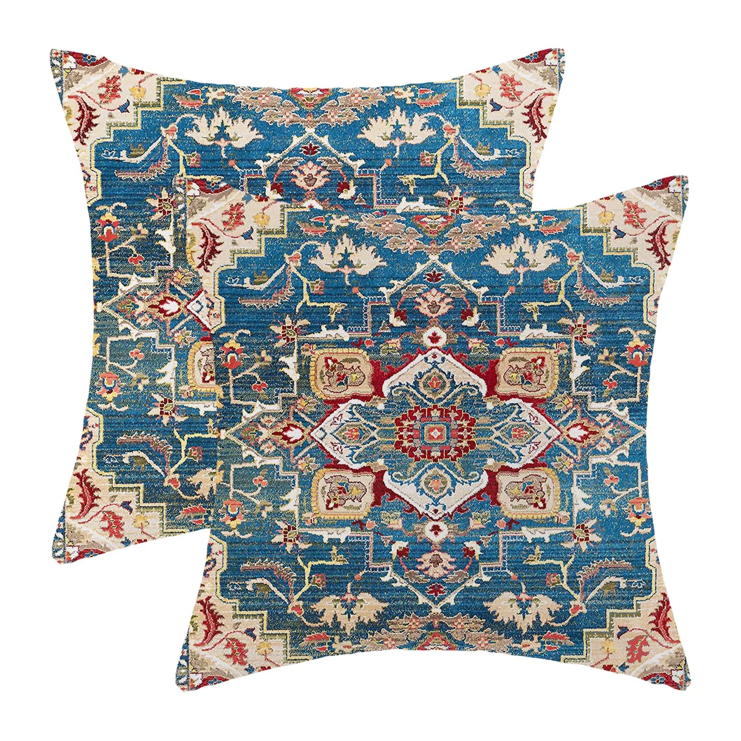 Boho Pillow Covers 16x16 Set of 2 Ethnic Design Boho Decorative Throw Pillows Linen Blue Red Carpet Pattern Farmhouse Bohemian Cushion Pillow Covers for Sofa Couch Outdoor Decor