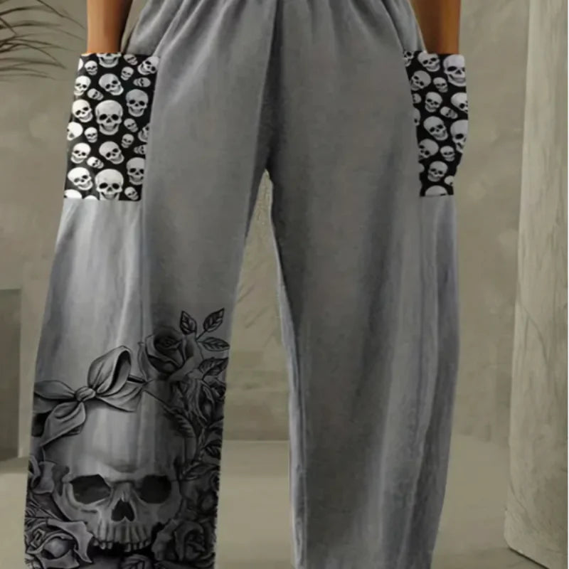 Boho Skull Print Wide-Leg Pants for Women
