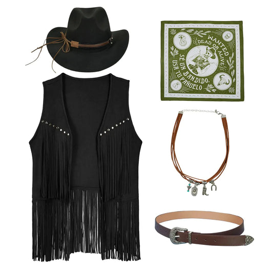 HSDOU Cowgirl Outfits for Women Cow Girls Outfits Costume Cowboy Vest Western Cowboy Hat Bandana Cowboy Outfits for Women (Z3761BK L)