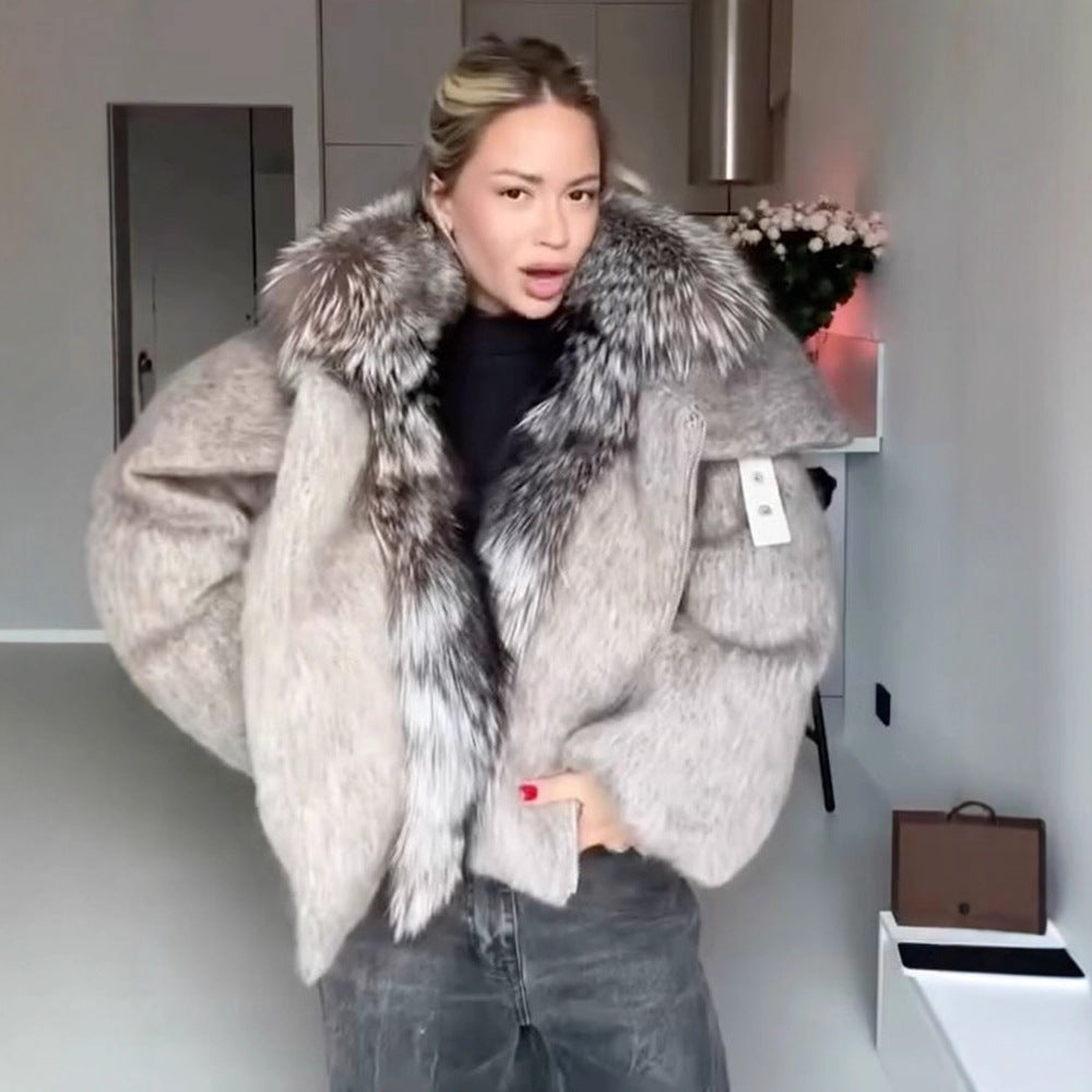 Fur Collar Patchwork Long Woolen Coat Short Length Overcoat