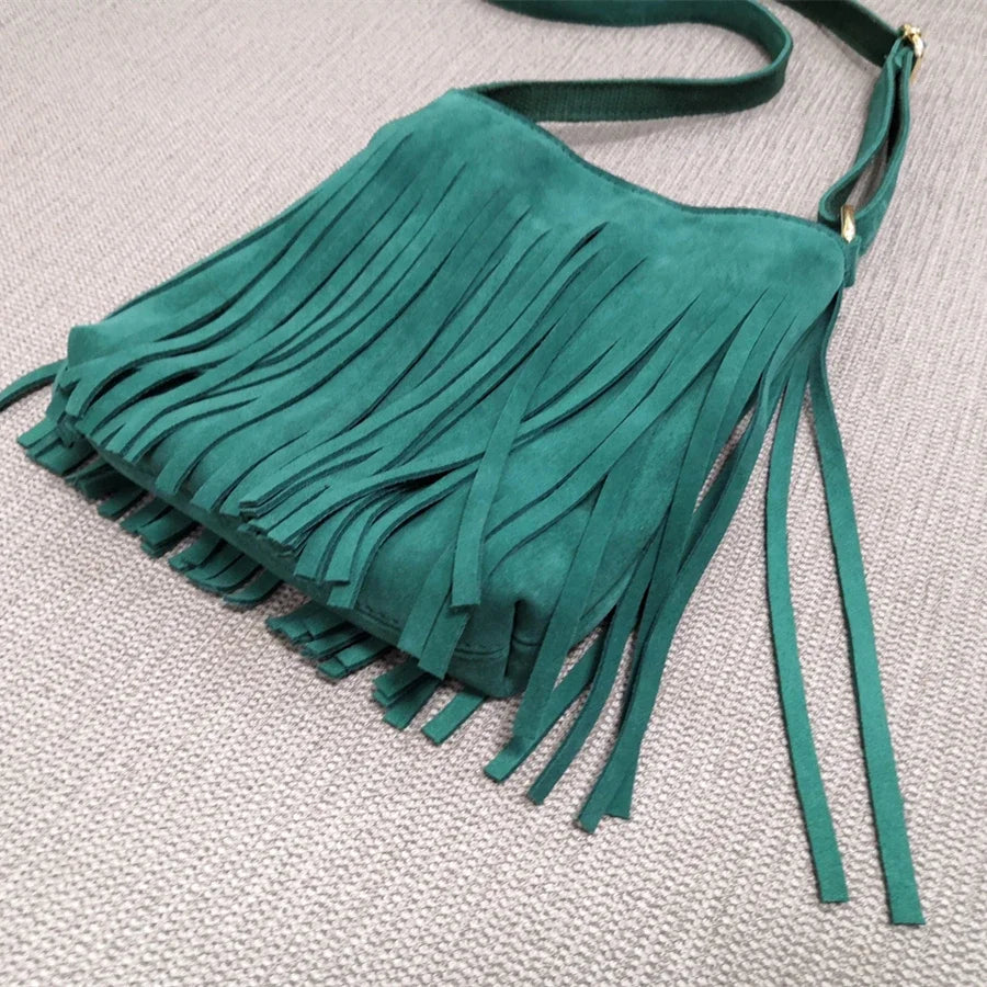 Female Genuine Leather Fringed Phone Side Sling Shoulder Bag 2025 Small Y2K Suede Nubuck Beach Ibiza Boho Gypsy Hippie Pouch Bag