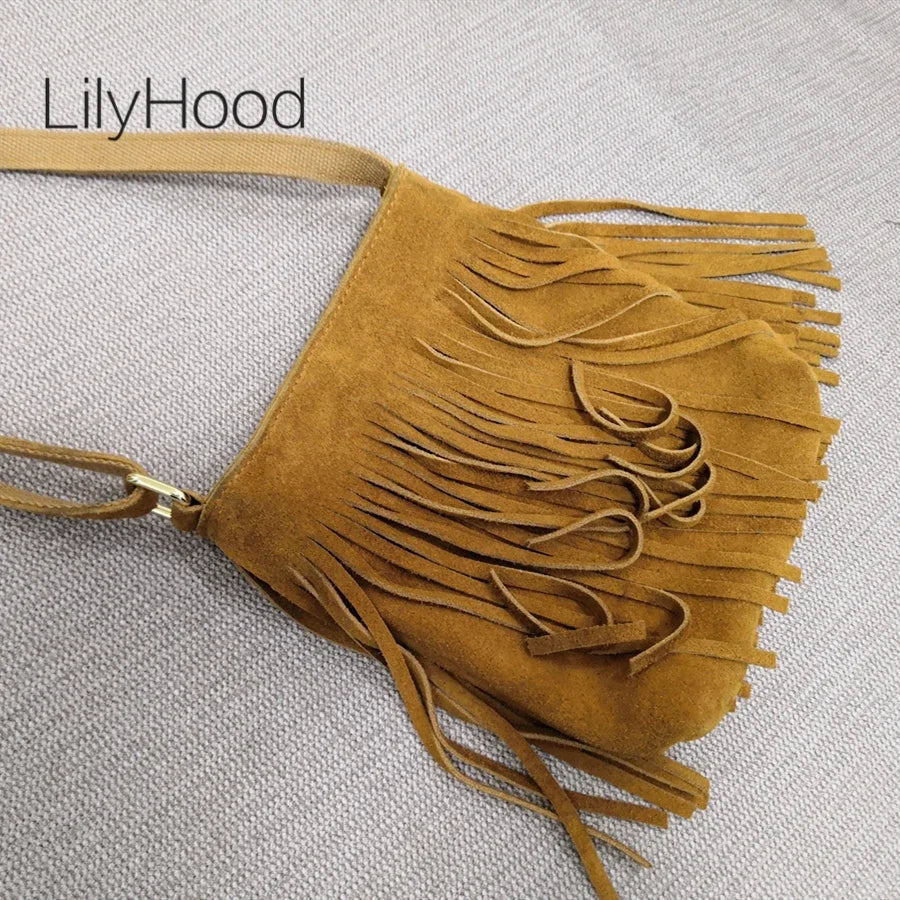 Female Genuine Leather Fringed Phone Side Sling Shoulder Bag 2025 Small Y2K Suede Nubuck Beach Ibiza Boho Gypsy Hippie Pouch Bag