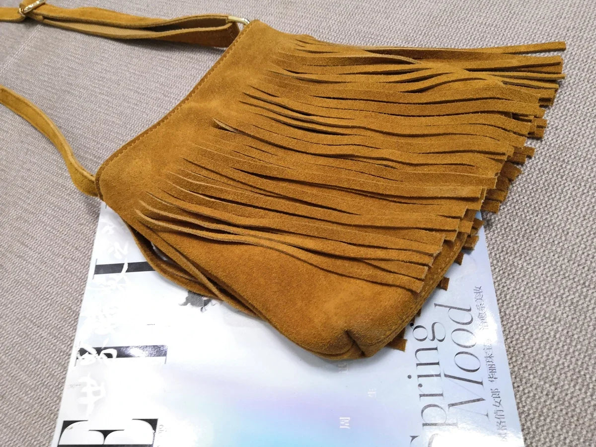 Female Genuine Leather Fringed Phone Side Sling Shoulder Bag 2025 Small Y2K Suede Nubuck Beach Ibiza Boho Gypsy Hippie Pouch Bag