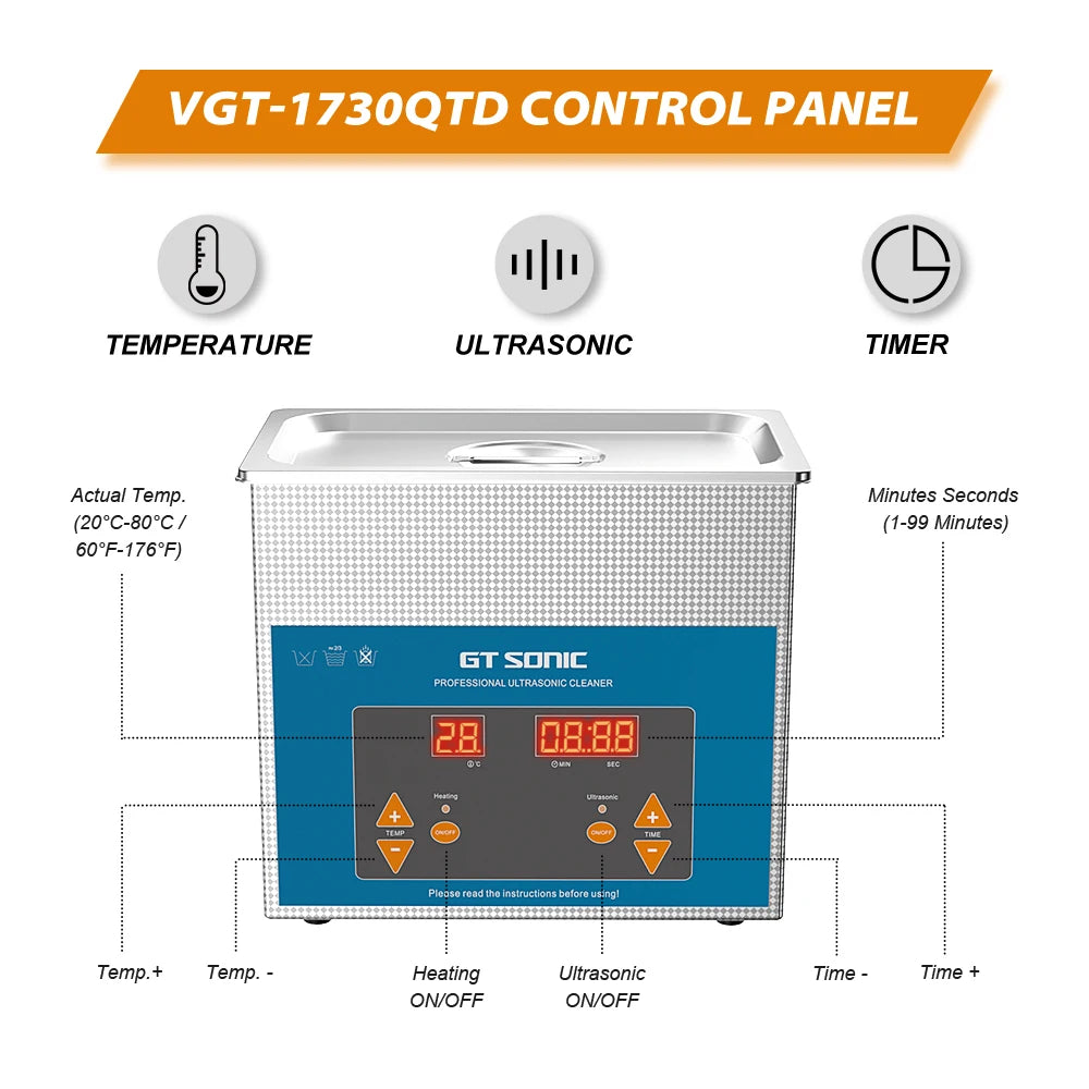 GT SONIC Ultrasonic Cleaner 3L 100W Knob Control Panel 40kHz Heating Timing SUS 304 Tank Basket Ultrasonic Bath Cleaning Tool