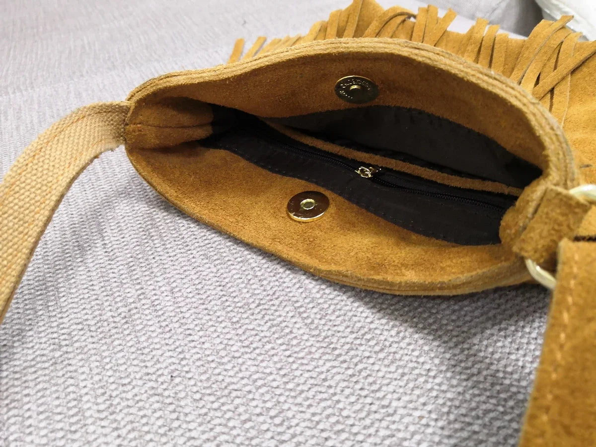 Female Genuine Leather Fringed Phone Side Sling Shoulder Bag 2025 Small Y2K Suede Nubuck Beach Ibiza Boho Gypsy Hippie Pouch Bag