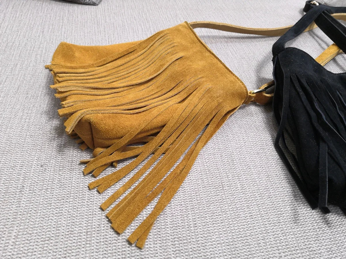 Female Genuine Leather Fringed Phone Side Sling Shoulder Bag 2025 Small Y2K Suede Nubuck Beach Ibiza Boho Gypsy Hippie Pouch Bag