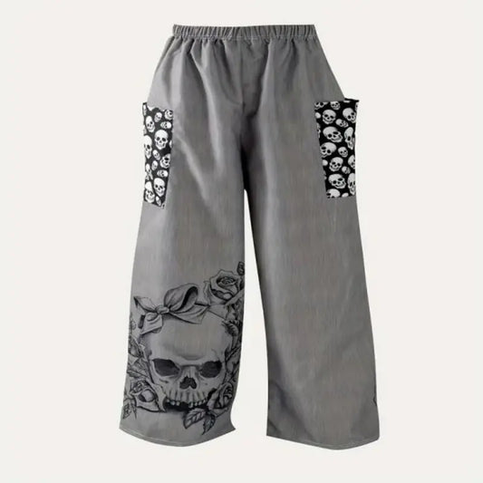 Boho Skull Print Wide-Leg Pants for Women