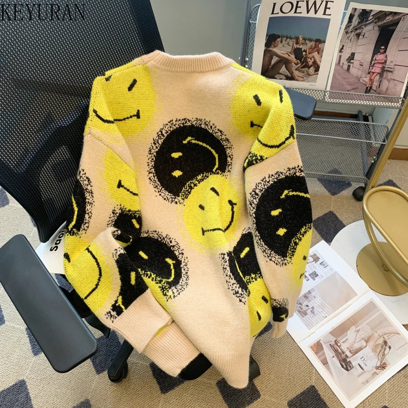 Lazy Style Autumn Winter  Smiling Face Jacquard Oversized Sweater