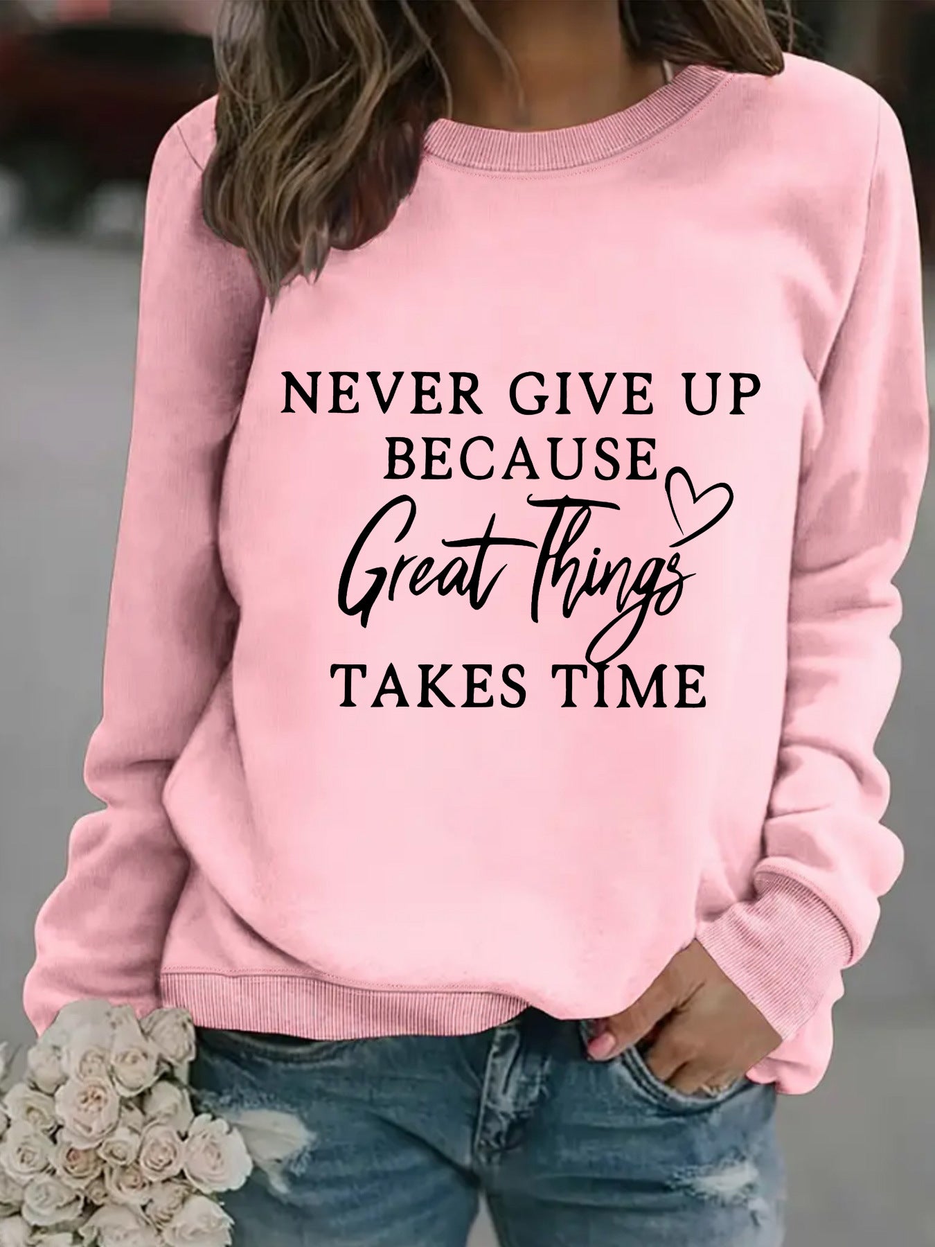 Long Sleeve Round Neck "NEVER GIVE" Print Crewneck Sweatshirt