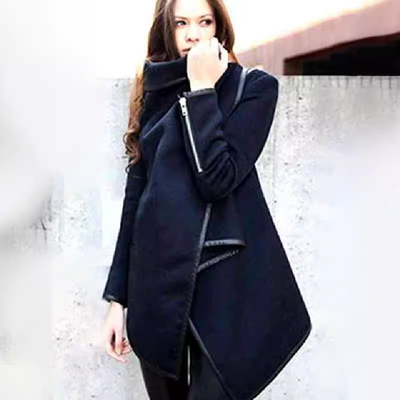 Fashion Asymmetric Solid Colour Split-Joint High-Neck Jacket