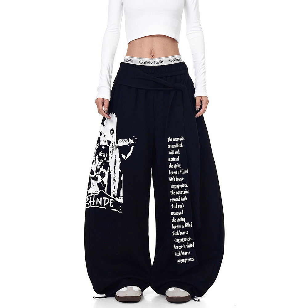 Structured Letter Print Tie-Overlay Heavyweight Sweatpants