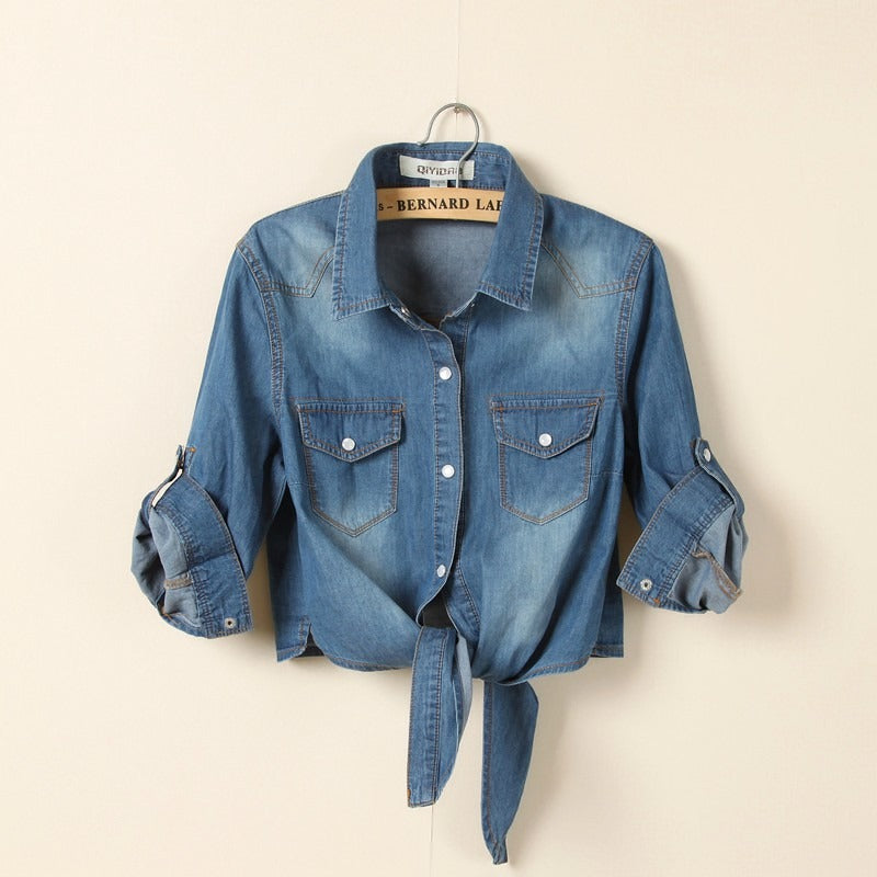 Lacing and Knotting Medium Sleeved  Denim Shirt