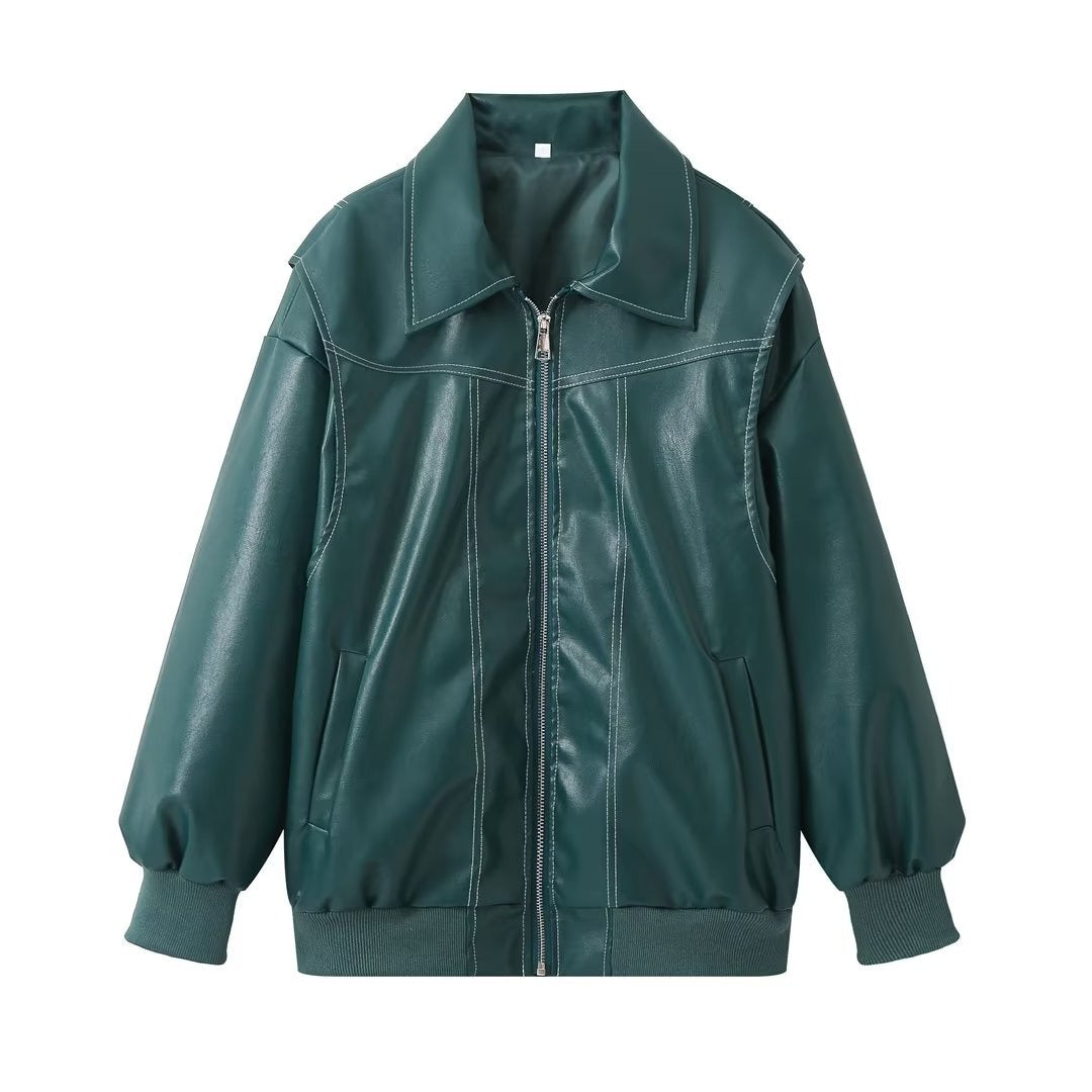 PU Autumn Winter Vintage Long Sleeve Patchwork Jackets