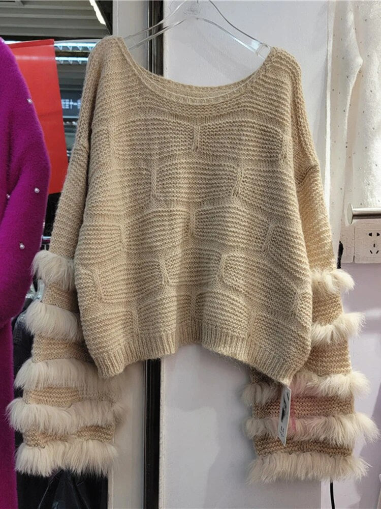 Vintage Faux Fur Patchwork Loose O-neck Thick Warm Pullover