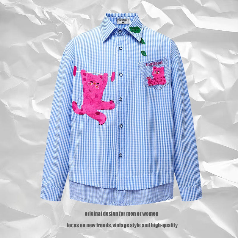Plaid Shirt Women Loose Cartoon Print