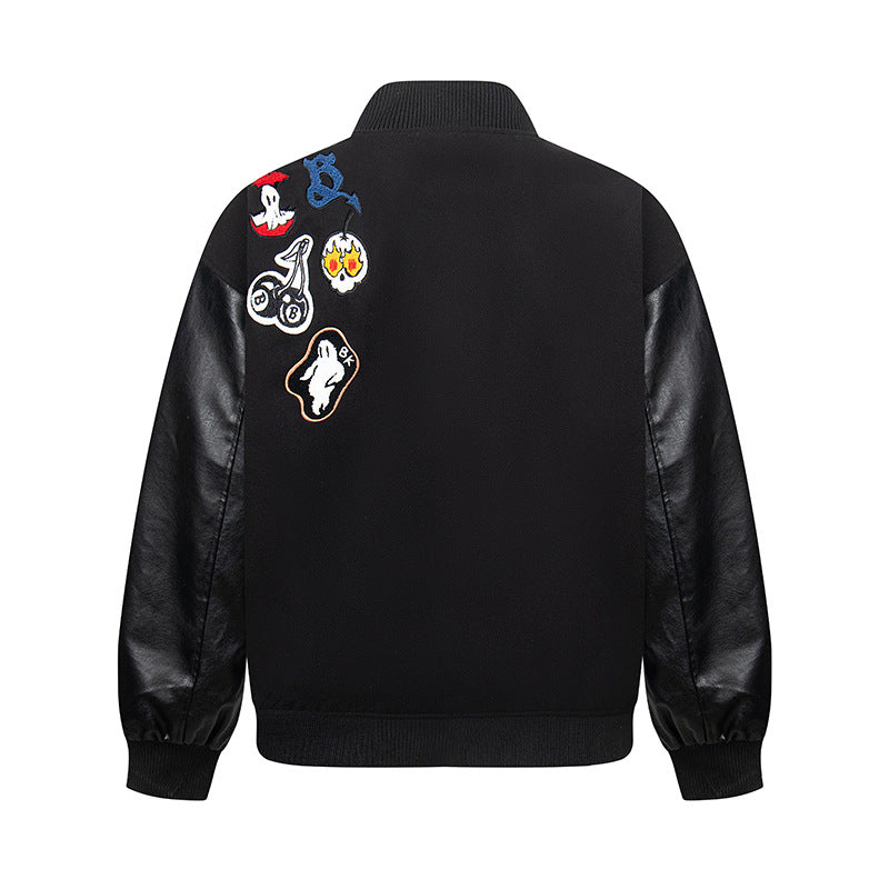 Baseball jacket with leather sleeves