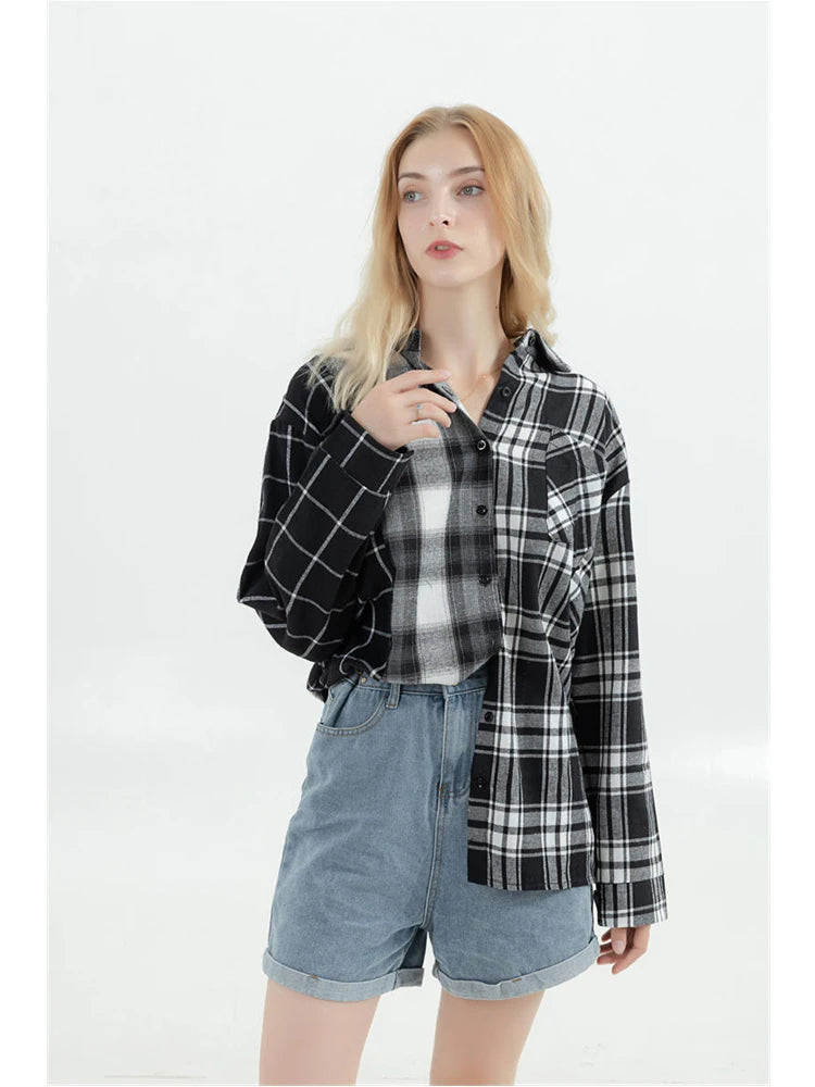 Oversized Plaid Patchwork Blouses