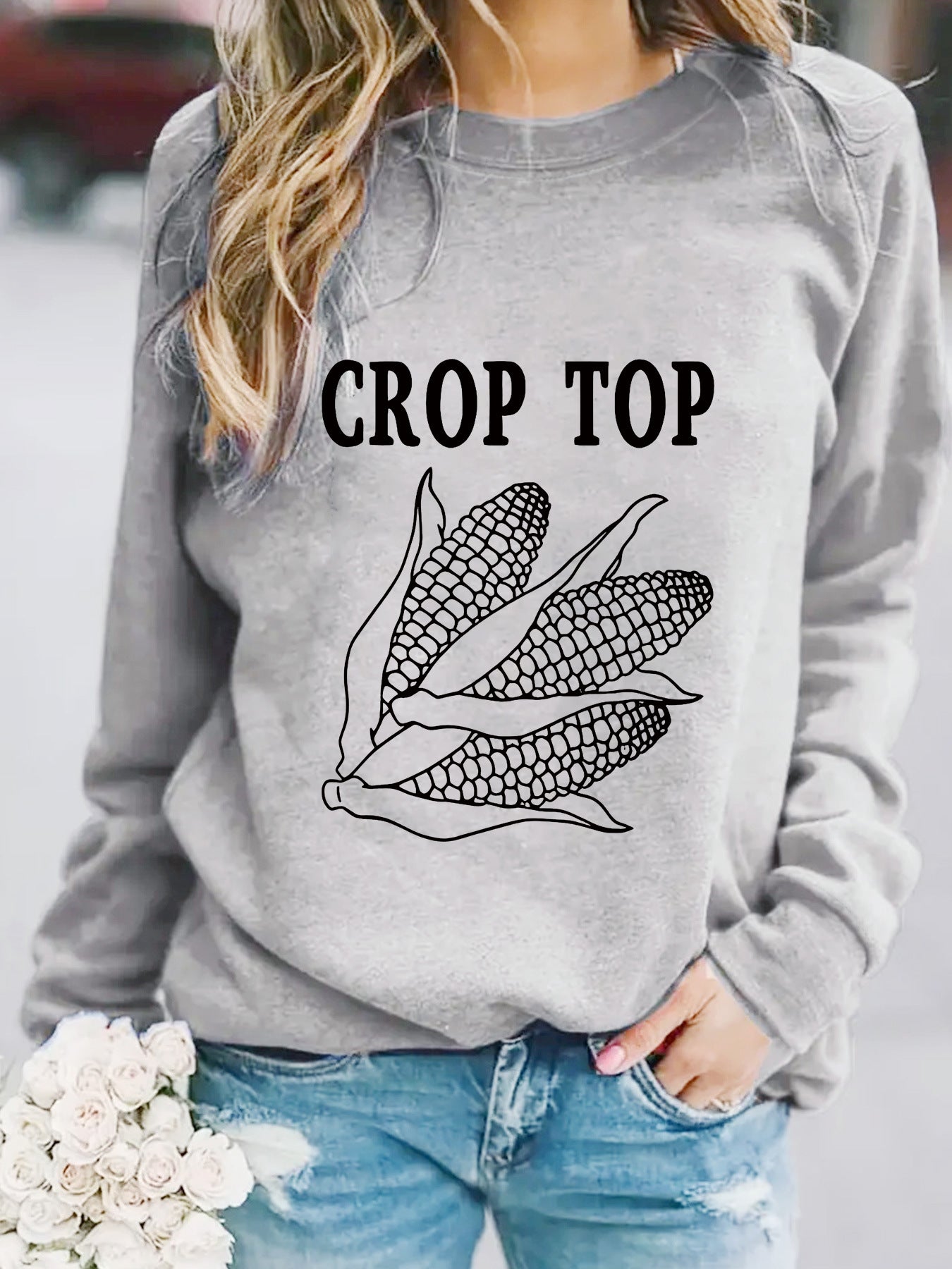 Round neck CROP corn print pullover sweatshirt