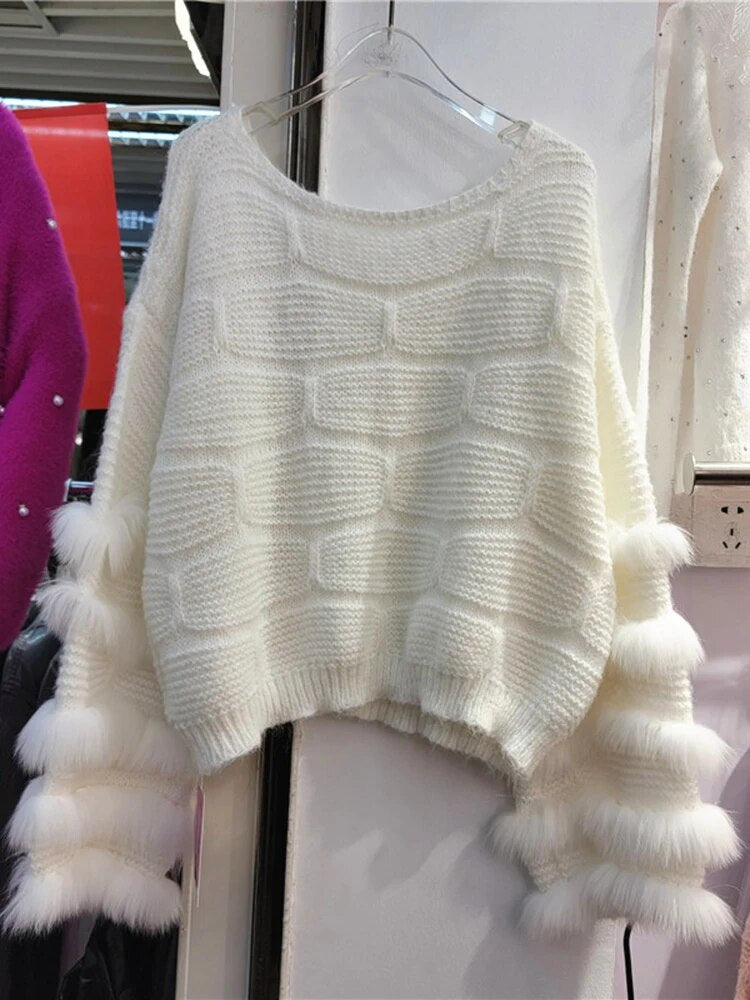 Vintage Faux Fur Patchwork Loose O-neck Thick Warm Pullover
