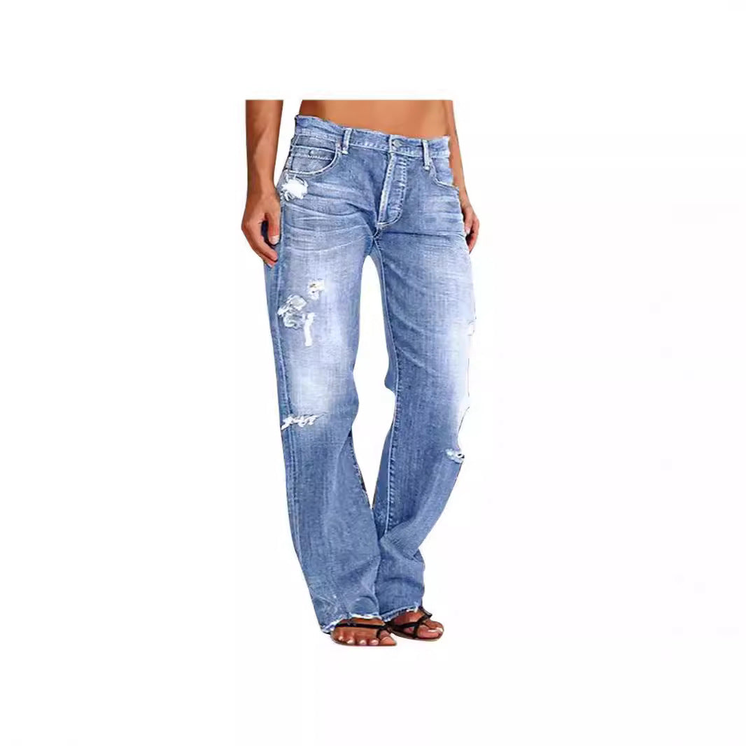 Cowboy pants with mid waist hole straight leg pants
