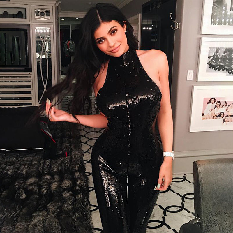 Jumpsuit Sexy Halter Off Shoulder Black Sequin Jumpsuit