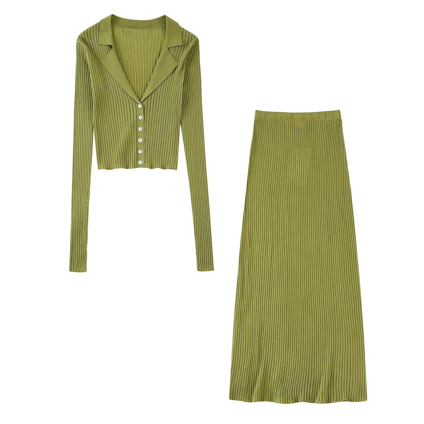 2Pcs Casual Ribbed Knit Coat Top + Ribbed Knit  Skirt