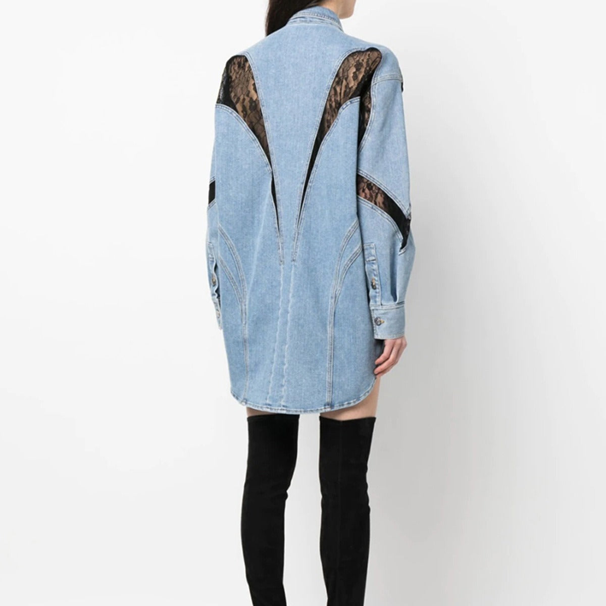 Streetwear Style Loose Fashion Trend Women's Clothing Long Sleeve Jean Jacket Lace Panel Design Denim Coats