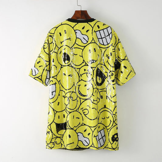 Summer High Quality Female Print Short Sleeve Sequin Streetwear