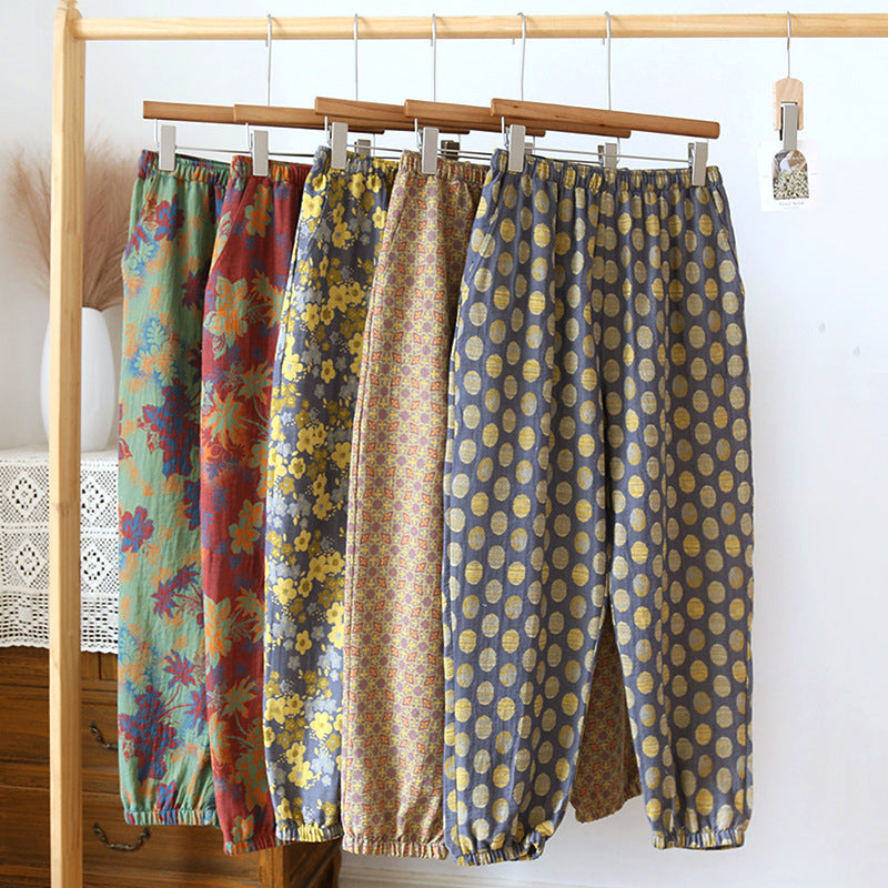 Spring and Summer Pure Cotton Gauze Home Fur Retro Floral Pants