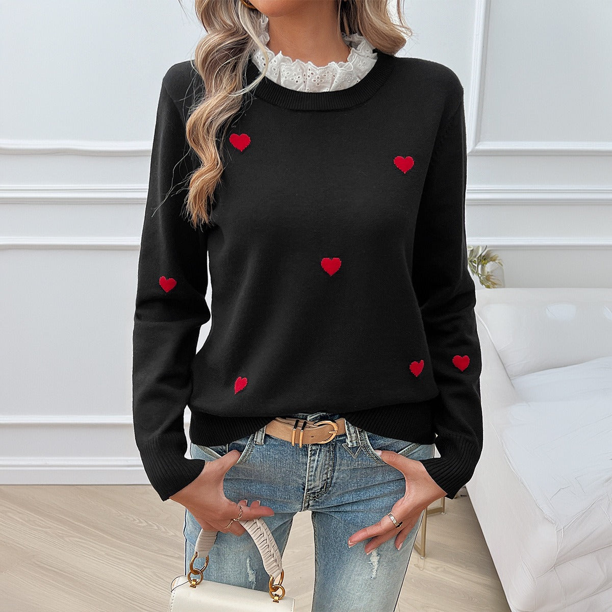 Autumn and winter tops women's temperament casual embroidery heart long sleeved sweater