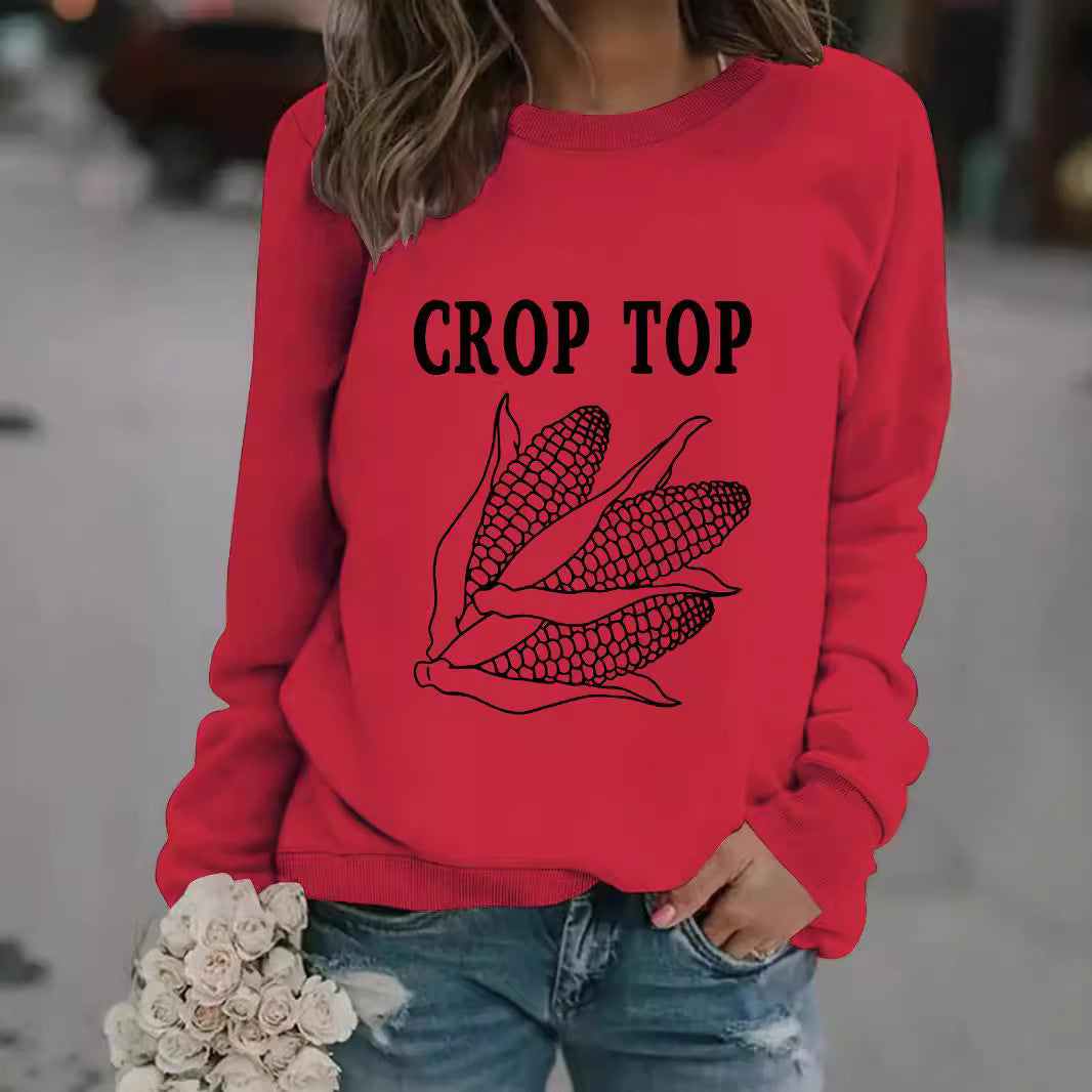 Round neck CROP corn print pullover sweatshirt