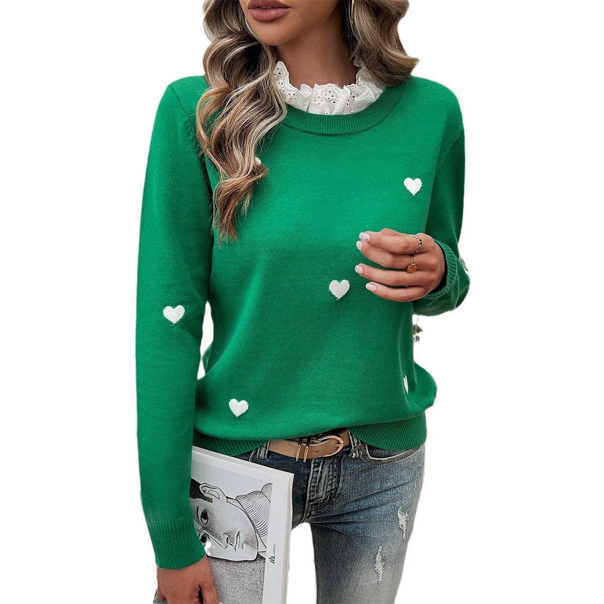 Autumn and winter tops women's temperament casual embroidery heart long sleeved sweater