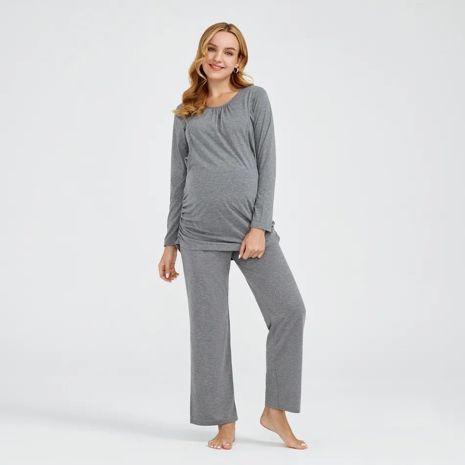 Solid colour round neck long sleeved maternity suit