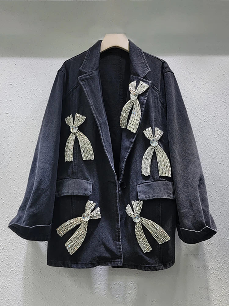 Women's Denim Blazer Big Diamonds Bows Decoration Single Buttons Washed Black Suit Jackets  Autumn New Fashion