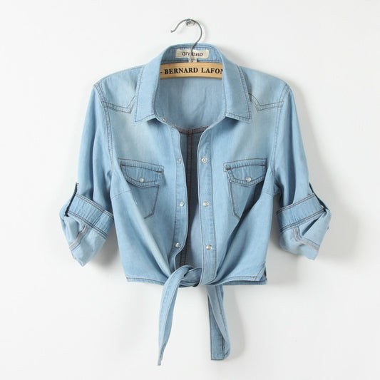 Lacing and Knotting Medium Sleeved  Denim Shirt