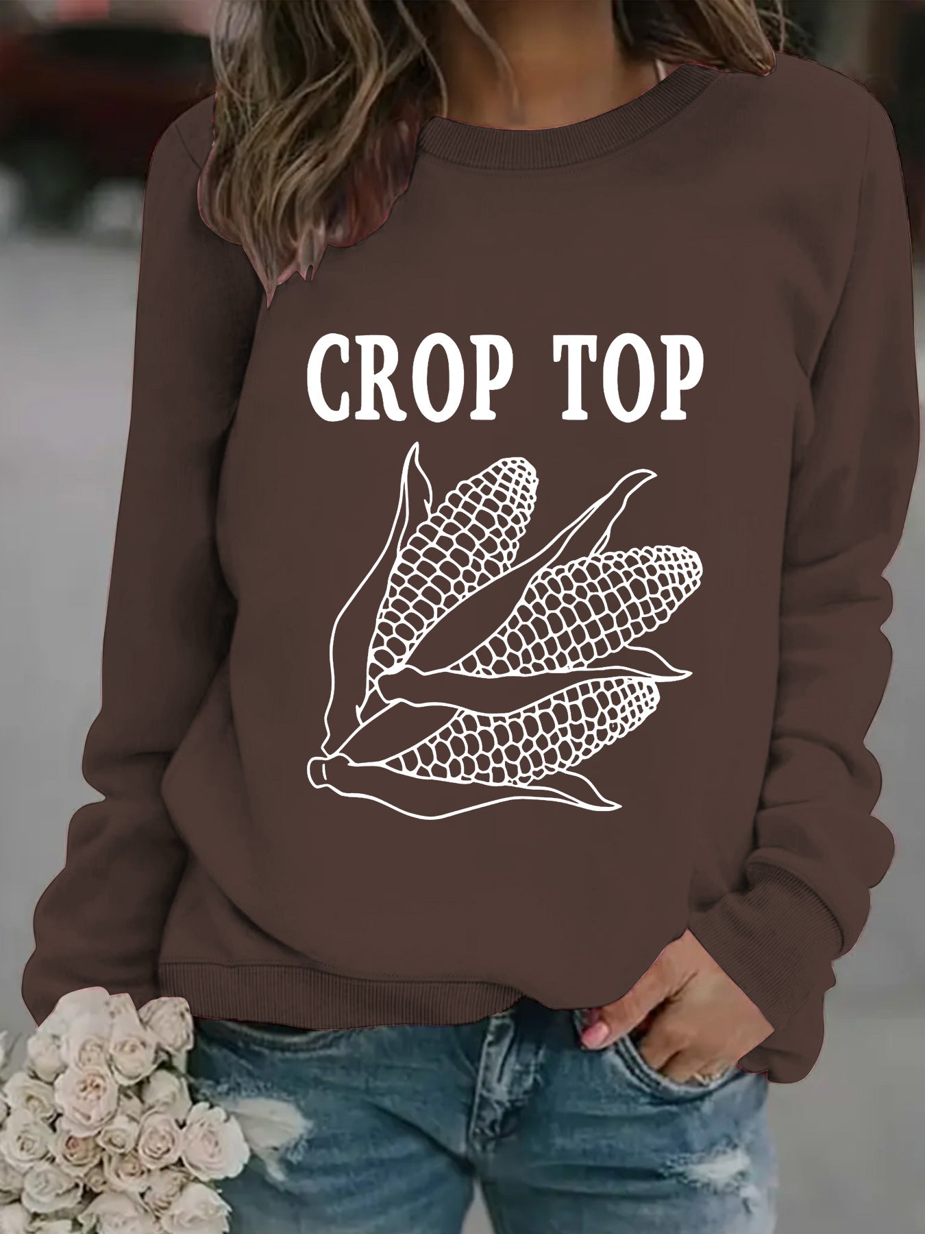 Round neck CROP corn print pullover sweatshirt
